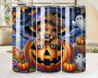 Cute Halloween Cow PNG, 20 oz Skinny Tumbler Wrap, Pumpkin, Bat, Ghost, Autumn Fall Design, Witch Hat Design, Sublimation Digital Download