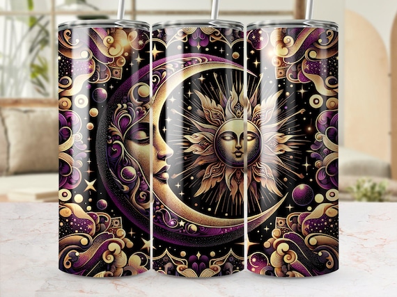 Celestial Sun and Moon 20 oz Tumbler Wrap, Seamless PNG File, Mystical Design, Gold and Purple, Printable Tumbler Design, DIY Tumbler