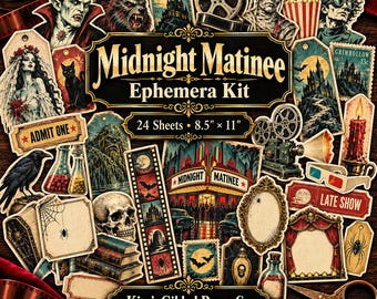 May include: A Midnight Matinee Ephemera Kit featuring 24 sheets measuring 8.5 inches by 11 inches. The collection includes die-cut paper pieces with illustrations of vampires, werewolves, mummies, skulls, film reels, and vintage theater scenes.