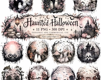 Może przedstawiać: Cyfrowa kolekcja 11 ilustracji z motywem Haunted Halloween przedstawiająca duchy, dynie, zamki i cmentarze w stylu akwarelowym. Centralny tekst brzmi Haunted Halloween 11 PNG 300 DPI PERSONAL AND COMMERCIAL USE Kim's Gilded Paper Co.