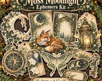 May include: A Moss Moonlight Ephemera Kit featuring 23 sheets measuring 8.5 inches by 11 inches. The collection includes die-cut paper pieces with illustrations of a fox, a moth, a lantern, a compass, a key, and crescent moons.