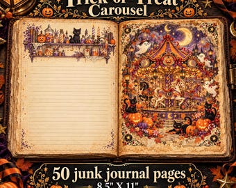 May include: An open junk journal featuring 50 pages measuring 8.5 by 11 inches. The left page has lined paper with a shelf of potion bottles and a black cat. The right page displays a colorful Halloween carousel with ghosts and pumpkins.
