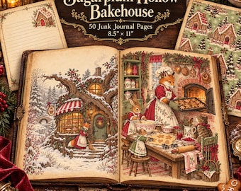 May include: A collection of Sugarplum Hollow Bakehouse junk journal pages featuring 50 sheets measuring 8.5 inches by 11 inches. The pages display illustrations of anthropomorphic animals baking in a winter cottage and snowy forest scenes.
