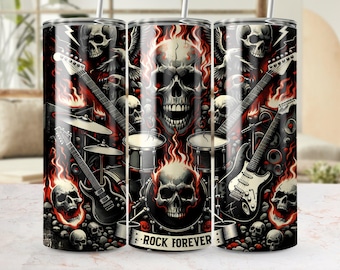 May include: A black and red tumbler featuring a rock and roll theme. The design includes skulls, guitars, drums, and flames. The words "ROCK FOREVER" are displayed on a banner. The overall aesthetic is dark and edgy.