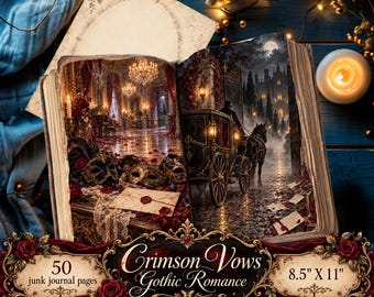 May include: A junk journal featuring 50 pages with a Crimson Vows Gothic Romance theme, measuring 8.5 inches by 11 inches. The open book displays illustrations of a ballroom, a horse-drawn carriage, and masks, with text reading Crimson Vows Gothic Romance and Kim's Gilded Paper Co.