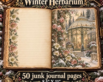 May include: An open journal titled Winter Herbarium featuring 50 junk journal pages measuring 8.5 inches by 11 inches. The left page is lined with floral borders, while the right page displays a snowy greenhouse illustration.