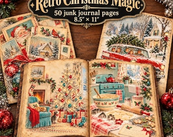 May include: A collection of 50 junk journal pages titled Retro Christmas Magic, measuring 8.5 inches by 11 inches. The pages feature vintage-style illustrations of snowy landscapes, a decorated Christmas tree, a kitchen scene, and Santa Claus.
