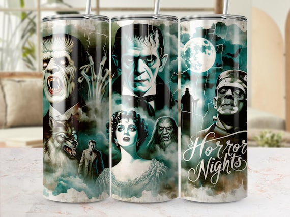 Horror Nights 20 oz Tumbler Wrap PNG, Classic Monsters, Vintage Spooky Film, Halloween Drinkware Sublimation Design, Printable Gift Idea