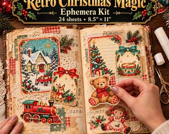 May include: A Retro Christmas Magic ephemera kit featuring 24 sheets measuring 8.5 inches by 11 inches. The kit includes various paper cutouts of a snowy house, a deer, a train, a teddy bear, a doll, and a drum, displayed on an open book.