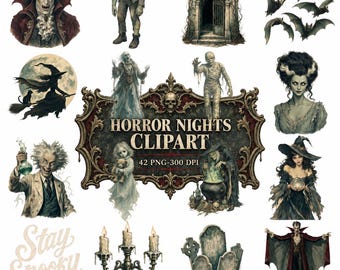 May include: A collection of horror-themed digital illustrations featuring a vampire, Frankenstein's monster, a mausoleum, bats, a witch, a ghost, a mummy, a bride, a scientist, a child ghost, a witch with a cauldron, and a candelabra with the text HORROR NIGHTS CLIPART 42 PNG-300 DPI and Stay Spooky.