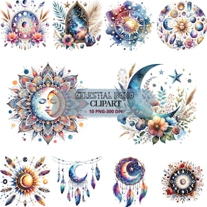 Bundle de cliparts bohème céleste, fichiers PNG d'étoiles de lune, 300 DPI art numérique, graphiques célestes floraux, motifs Boho, usage Commercial