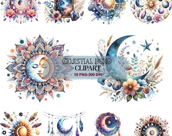 Puede incluir: Un conjunto de 10 imágenes de clipart digital con temas celestiales y boho. Las imágenes incluyen lunas, estrellas, soles, atrapasueños y elementos florales en estilo acuarela. El texto "Celestial Boho Clipart 10 PNG-300 DPI" está incluido en la imagen.