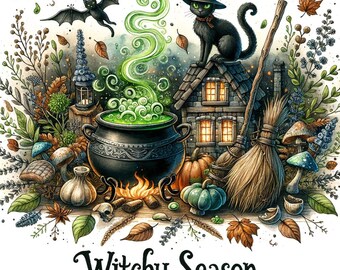 May include: A whimsical illustration featuring a black cat in a witch's hat atop a house, a bubbling cauldron with green potion, and a bat. Pumpkins, mushrooms, and the text "Witchy Season" complete the Halloween-themed artwork.