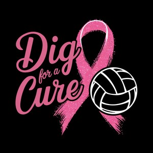 以下が含まれることがあります： ピンクのリボンとバレーボール、そして「Dig for a Cure」というテキスト。
