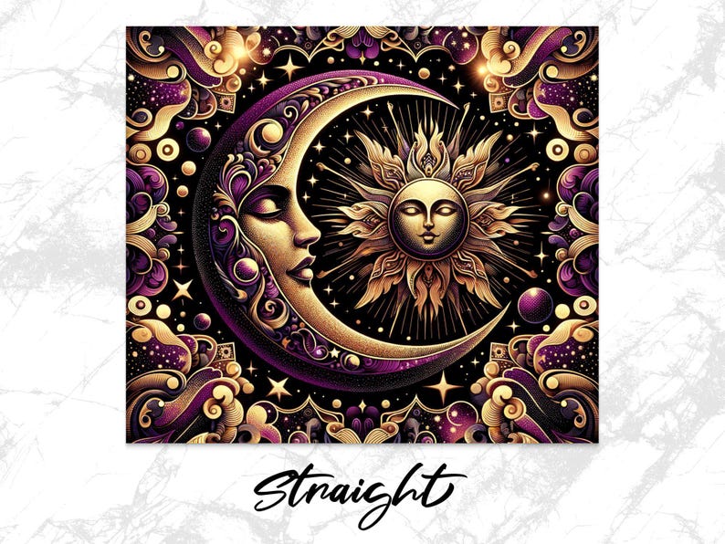 Celestial Sun and Moon Wall Art, Mystical Gold Purple Home Decor, Astrology Mandala Poster, Spiritual Gift Idea