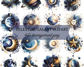 Watercolor Moon Stars Clipart, 40 Celestial Galaxy Night Sky Graphics, PNG Transparent Backgrounds, Astrology, Scrapbooking, Planner