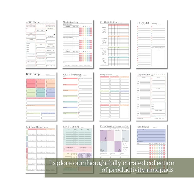 May include: A collection of twelve white paper productivity planner sheets featuring black text and pastel-colored accents. The sheets include layouts for an ADHD planner, medication log, habit tracker, to-do list, brain dump, meal planner, and daily routine.