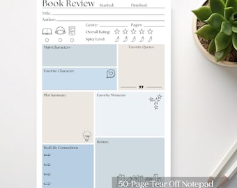 Puede incluir: Un bloc de notas de papel blanco con una plantilla de reseña de libros que incluye secciones para título, autor, género y páginas. Contiene iconos de calificación de estrellas y chiles, además de áreas designadas para personajes, citas y resúmenes.