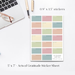 May include: A 12.7cm x 17.8cm sticker sheet with 2.3cm x 3.8cm stickers. Each sticker has the word "Gratitude" and a checklist. The stickers are in pastel colours: pink, blue, green, and yellow. The sheet is labelled "Acts of Gratitude Sticker Sheet".