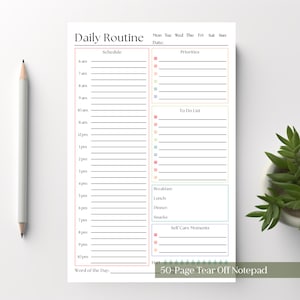 May include: A daily routine notepad with a schedule from 6 am to 10 pm, sections for priorities, a to-do list, meal tracking for breakfast, lunch, dinner, and snacks, and a self-care moments section. The page includes a water intake tracker.