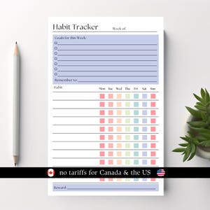 May include: A white paper habit tracker sheet featuring a light purple header section with the text Habit Tracker and Goals for this Week. Below, a grid displays days of the week with colorful square checkboxes in pink, orange, green, and blue.