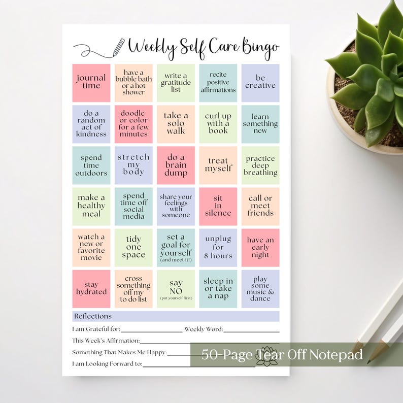 Weekly Self-Care Planner BINGO Notepad: A5 Wellness Checklist, 50 Tear Off Pages image 1