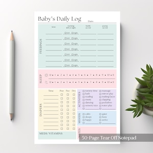 Peut inclure: Un bloc-notes Baby's Daily Log de 50 pages détachables. La mise en page comprend des sections pour les repas, le sommeil, les couches, les activités, l'humeur et les médicaments/vitamines, avec des cases à cocher pour le suivi quotidien.