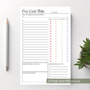 May include: A white notepad with the text "I've Got This" and sections for tasks, dates, and notes. The notepad has columns for urgent, priority, important, and later tasks. A pencil is on the left.