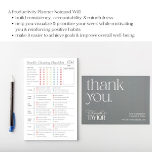 May include: A productivity planner notepad with a weekly cleaning checklist and a thank you card. The notepad includes a weekly cleaning checklist with colorful boxes. A black and blue pen is on the left.