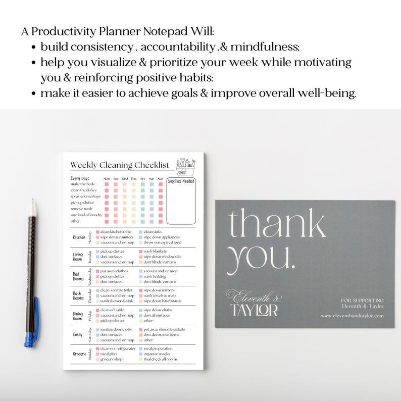 May include: A productivity planner notepad with a weekly cleaning checklist and a thank you card. The notepad includes a weekly cleaning checklist with colorful boxes. A black and blue pen is on the left.