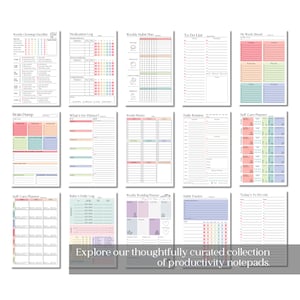 May include: A collection of productivity notepads with various layouts, including a cleaning checklist, medication log, and habit tracker. Each notepad features a different color scheme and design, with text such as "To Do List" and "What's for Dinner?"
