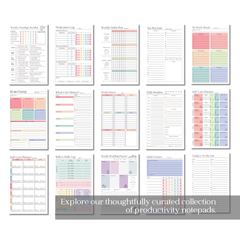 May include: A collection of productivity notepads with various layouts, including a cleaning checklist, medication log, and habit tracker. Each notepad features a different color scheme and design, with text such as "To Do List" and "What's for Dinner?"