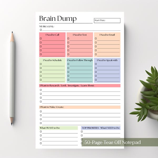 A5 Brain Dump Notepad: 50-Page Daily To-Do List Planner