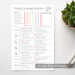 Può includere: Un blocco note staccabile da 50 pagine con una "Lista di controllo delle pulizie settimanali". La lista include compiti giornalieri e settimanali, con caselle di controllo per ogni giorno della settimana. È inclusa anche una sezione per le "Forniture necessarie".