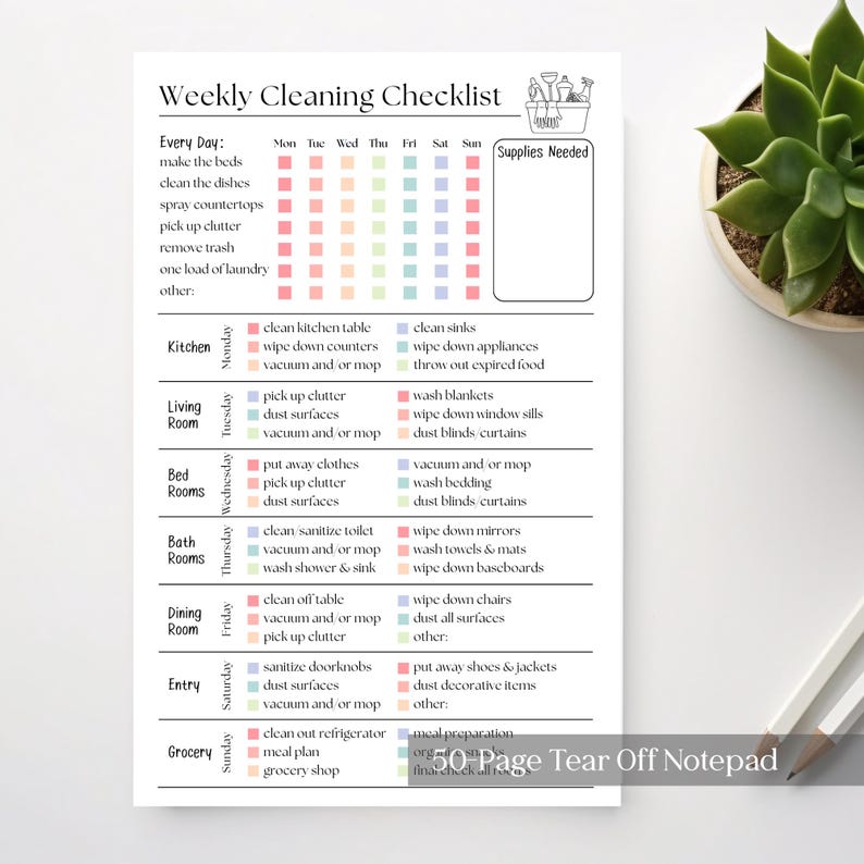 May include: A white 50-page tear-off notepad with a "Weekly Cleaning Checklist" printed on it. The checklist includes daily and weekly tasks, with checkboxes for each day of the week. A section for supplies needed is also included.