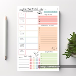 May include: A white paper planner sheet titled My Homeschool Day with sections for a schedule, top priorities, a to-do list, a habit tracker, and a daily routine. The layout features pastel-coloured boxes, checkmarks, and small line-art icons.