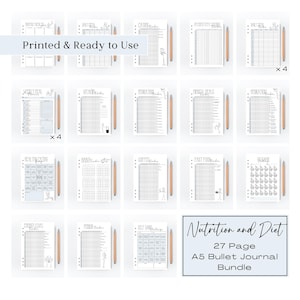 Lot de pages de journal sur la nutrition et l'alimentation, feuillets de protection imprimés A5 pour agenda de santé, feuillets de protection Bujo en papier cartonné, produits à tartiner pour le suivi alimentaire annuel, santé