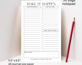 A5 Brain Dump Notepad: 50-Page Daily To-Do List Planner