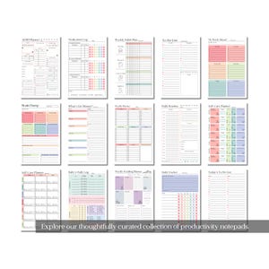 May include: A collection of productivity notepads with various layouts, including ADHD planner, medication log, and habit tracker. Each notepad features a different design with pastel colors and organized sections. The text "Explore our thoughtfully curated collection of productivity notepads" is at the bottom.
