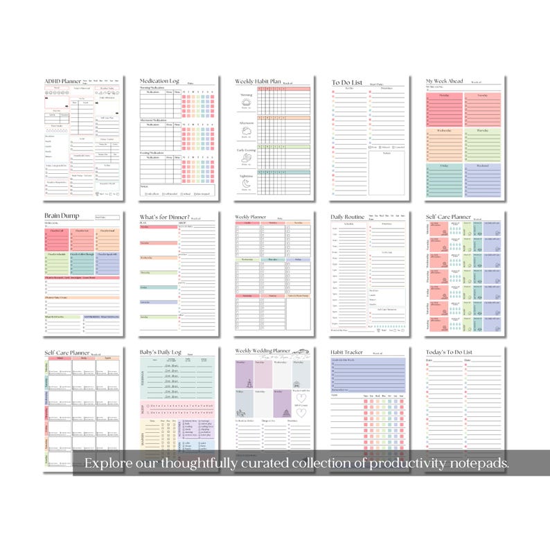 May include: A collection of productivity notepads with various layouts, including ADHD planner, medication log, and habit tracker. Each notepad features a different design with pastel colors and organized sections. The text "Explore our thoughtfully curated collection of productivity notepads" is at the bottom.