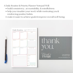 May include: A white daily routine and priority planner notepad with colorful grid sections for tasks, a brain dump area, and meal tracking. Beside it lies a black pen and a grey thank you card featuring the text Eleventh & Taylor in white font.