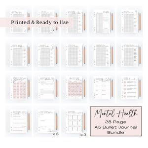 Lot de pages pour le Bullet Journal sur la santé mentale, encarts imprimés pour agenda A5 sur la santé émotionnelle, encarts Bujo, pages de suivi annuelles prêtes à l'emploi