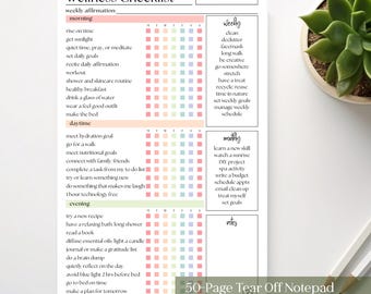 Könnte beinhalten: Ein Wellness-Checklisten-Block aus weißem Papier mit schwarzem Text, der Abschnitte für Morgen-, Tages- und Abendroutinen, wöchentliche und monatliche Ziele sowie ein Notizfeld enthält. Das Layout umfasst farbige Kästchen für jeden Wochentag.