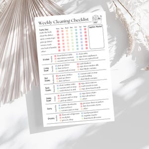 May include: A white Weekly Cleaning Checklist with a minimalist design. The checklist includes tasks for each day of the week, such as cleaning the kitchen, living room, and bedrooms. The checklist also includes a section for supplies needed.