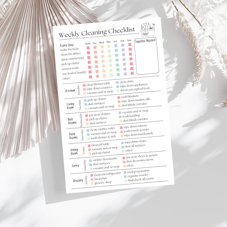 May include: A white Weekly Cleaning Checklist with a minimalist design. The checklist includes tasks for each day of the week, such as cleaning the kitchen, living room, and bedrooms. The checklist also includes a section for supplies needed.