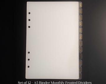 Set of 12 Month Gold Embossed Frosted Tab Dividers for A5 6 Ring Binder