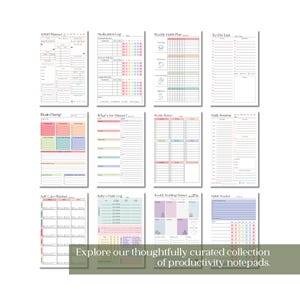 May include: A collection of productivity notepads, including an ADHD planner, medication log, and habit tracker. Each notepad features a clean, minimalist design with colorful accents. The text "Explore our thoughtfully curated collection of productivity notepads" is visible.