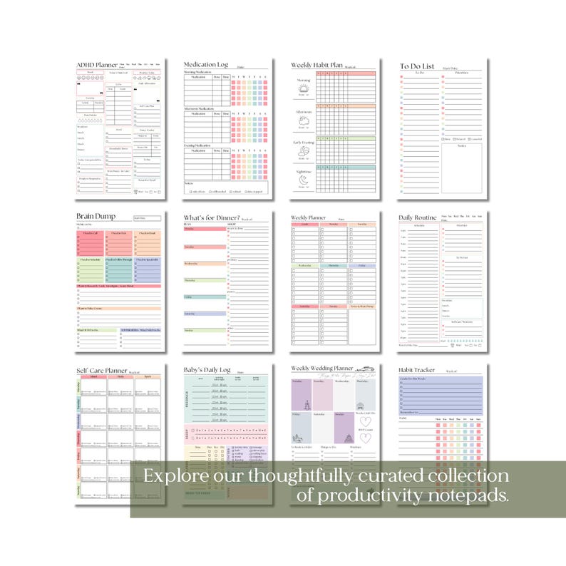 May include: A collection of productivity notepads, including an ADHD planner, medication log, and habit tracker. Each notepad features a clean, minimalist design with colorful accents. The text "Explore our thoughtfully curated collection of productivity notepads" is visible.