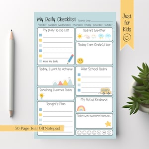 May include: A light blue 50-page tear-off notepad with a daily checklist for kids. The notepad includes sections for to-do lists, weather, gratitude, and plans. A pencil is visible on the left side of the notepad.