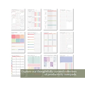 K&ouml;nnte beinhalten: Eine Sammlung von Produktivit&auml;ts-Notizbl&ouml;cken mit verschiedenen Layouts, darunter ein ADHS-Planer, ein Medikamentenprotokoll und ein Wochenplan. Jeder Notizblock hat ein klares, minimalistisches Design mit Pastellfarben und Textbeschriftungen. Der Text im Bild lautet: "Entdecken Sie unsere sorgf&auml;ltig kuratierte Sammlung von Produktivit&auml;ts-Notizbl&ouml;cken."